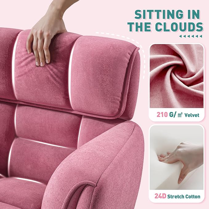 DurayLoly Home Office Chair with Wheels Soft-Touch Material,Modern Cute Vanity Chair with Back Adjustable Height Upholstered Comfy Desk Chairs with Side Pockets for Bedroom,Pink