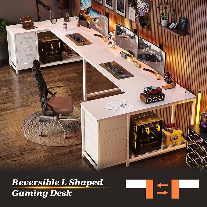 PRAISUN 61" L Shaped Desk with Power Outlets & USB-C Port, Reversible Computer Corner Office Desk with 4 Fabric Drawers and 2 Storage Shelves, Large Desk for Gaming Writing Study, White