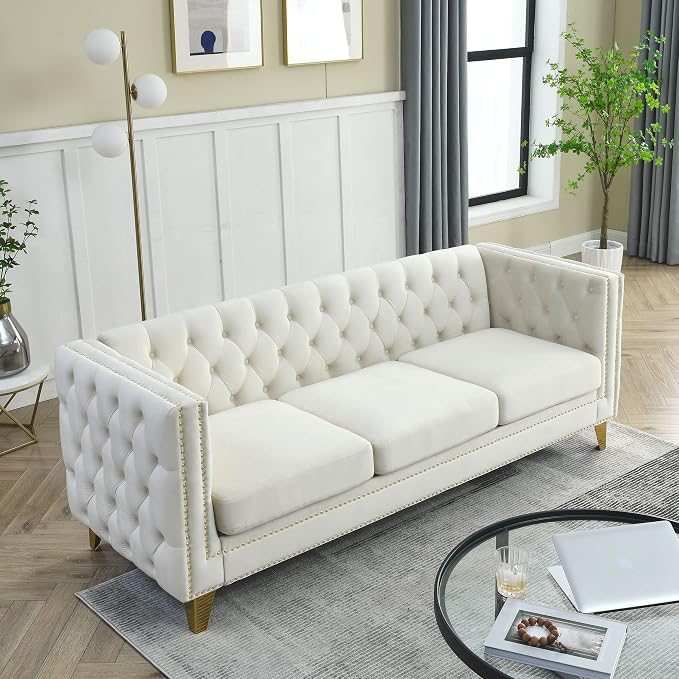 mikibama 80.5" Velvet 3 Seater Sofa Couch for Living Room,Button Tufted 3-Seat Couches with Nailhead Trims,Modern Upholstered Sofas with Golden Metal Legs for Bedrooom,Office