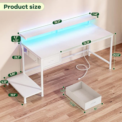 DurayLoly 39.3Inch Computer Desk with Power Outlet & Drawer,Gaming Desk with CPU Stand& LED Lights,Corner Office Desk with Ergonomic Monitor Stand for Home Work, Study and Gaming, Small Spaces,White