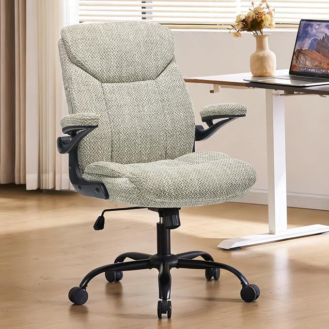 Home Office Ergonomic Desk Chair - Comfy Fabric Executive Chair with Flip-Up Armrests, Height Adjustable Computer Chair for Gaming, 360° Swivel & Rocking (Mint Green)
