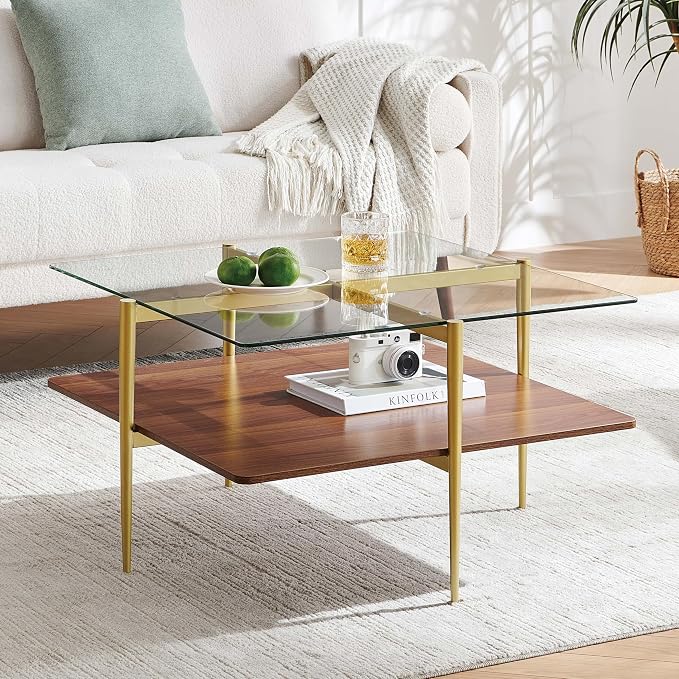 LumFurn X-Large Square Glass Coffee Table, Mid-Century Modern Design, L30 x W30 x H17 inch, for Living Room, Clear Glass Top and Walnut Finish Wood Shelf, Conical Legs with Gold Finish Frame