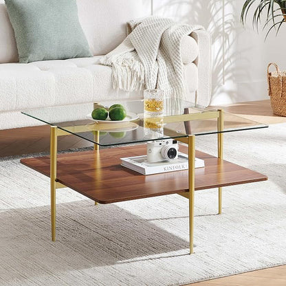 LumFurn X-Large Square Glass Coffee Table, Mid-Century Modern Design, L30 x W30 x H17 inch, for Living Room, Clear Glass Top and Walnut Finish Wood Shelf, Conical Legs with Gold Finish Frame