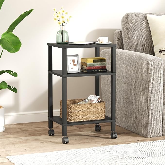 3-Tier Printer Stand with Storage, Mobile Printer Cart with Rolling Casters and Adjustable Feet, Under Desk Storage Shelf for Home Office, Small Printers,Black, 15.7" x 11.8" x 25.9"