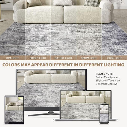 UERMEI Square Area Rugs : Washable 6x6 Neutral Modern Abstract Carpet for Living Room Bedroom - Soft Floor Mat with Non Slip Backing for Kitchen Nursery Dorms Farmhouse Home Decor - Grey