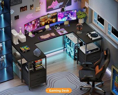 YOSHOOT 67" U Shaped Computer Desk, Reversible L Shaped Gaming Desk | Corner Desk with Power Outlets, 4 Drawers, 2 Storage Shelf, Computer Table with 4 Installation Methods, Black