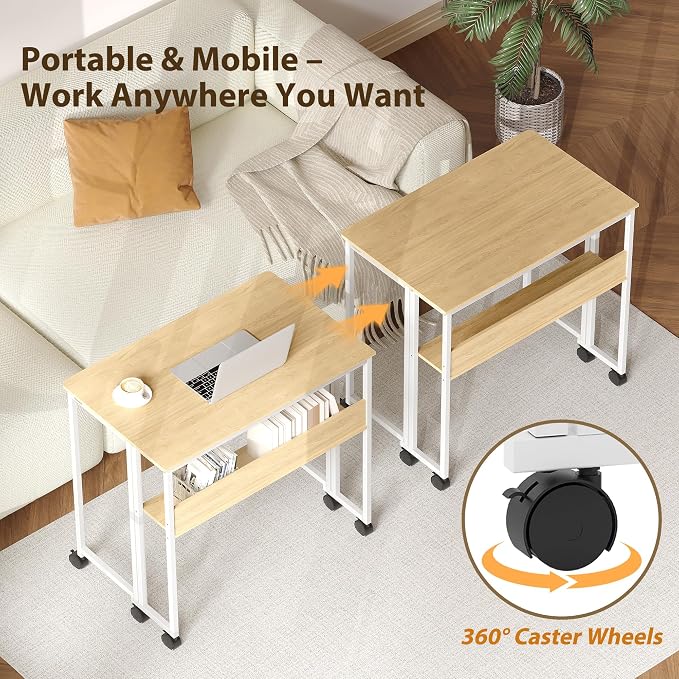 Garvee Folding Desk Small Rolling Desk with Storage Shelf,31.5 Inch Foldable Computer Table for Small Spaces, Space Saving Sofa Table with Wheels for Home Office, Study, Easy Assembly,