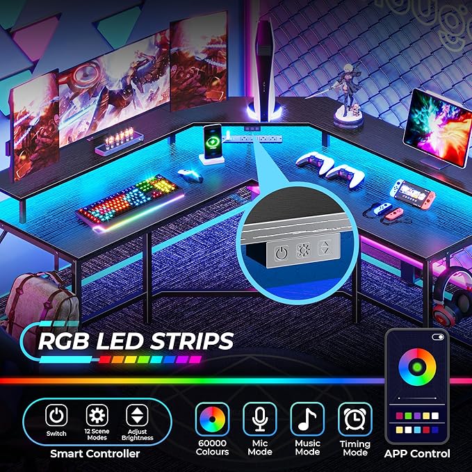 Huuger L Shaped Gaming Desk with Power Outlets & LED Lights, Computer Desk with Monitor Shelves, Home Office Desk, Corner Gaming Desk with Hooks, Black