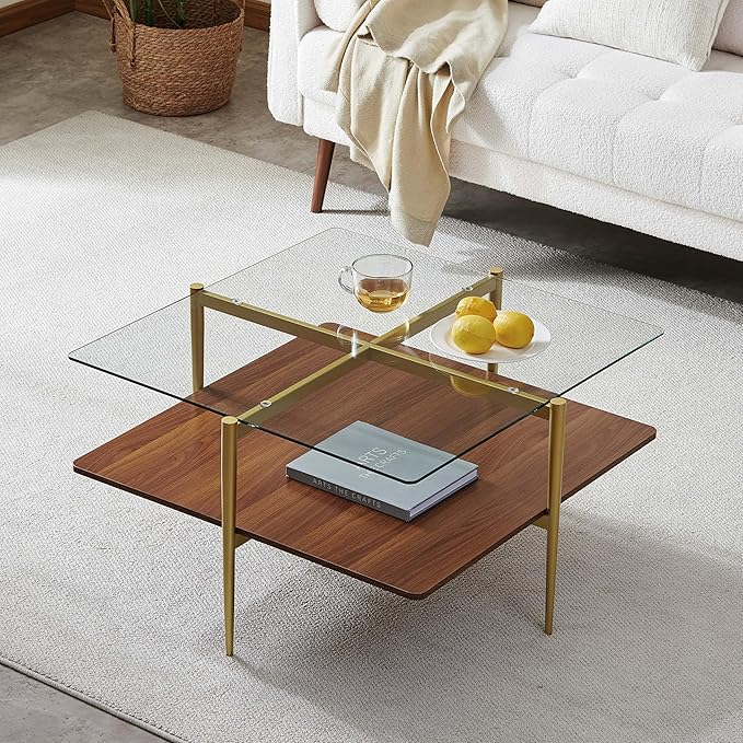LumFurn X-Large Square Glass Coffee Table, Mid-Century Modern Design, L30 x W30 x H17 inch, for Living Room, Clear Glass Top and Walnut Finish Wood Shelf, Conical Legs with Gold Finish Frame