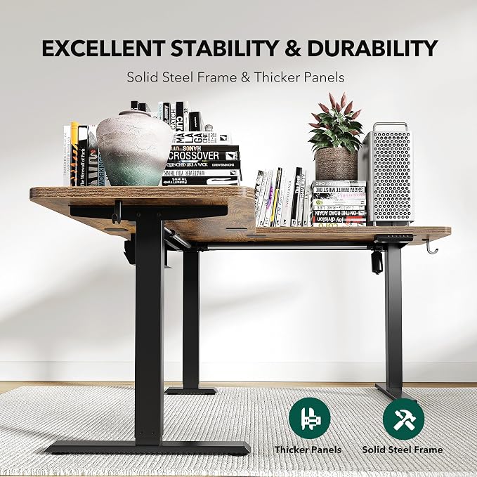 Cubiker L Shaped Standing Desk, 63" Electric Height Adjustable Corner Standing Desk L Shape, Sit Stand Home Office Desk with Splice Board, Rustic Brown Top