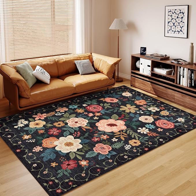 DUKINO 5x8 Area Rug for Living Room, Washable Lightweight Non Slip Floral Bedroom Rug with Non Shedding Design, Soft Low Pile Large Indoor Carpet for Dining Room, Kids Playroom, Nursery, Office, Black