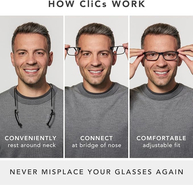 Clic Magnetic Reading Glasses - Adjustable Neck Hanging Readers - Secure Fit with Rigid Headband - Original Expandable (M-XL, Black, 1.50)