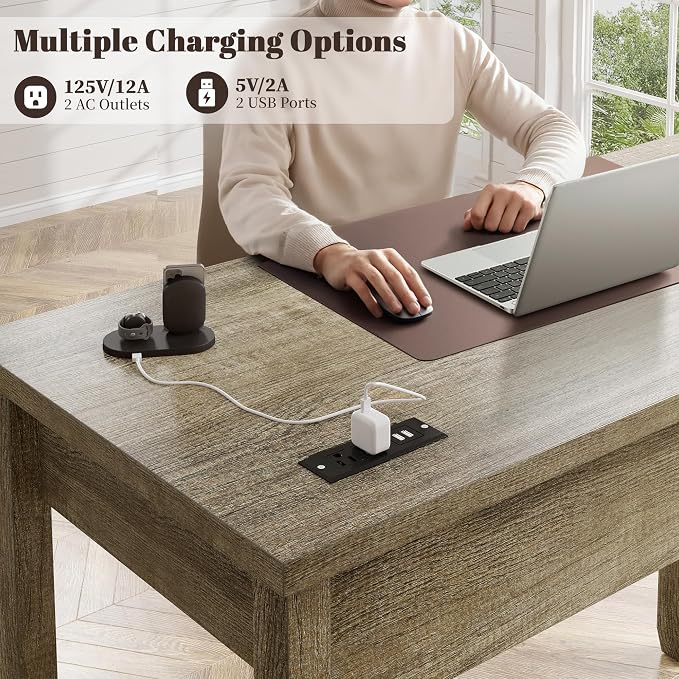 EnHomee 40" Small Desk with Power Outlets, Computer Desk with 2 Drawers for Bedroom and Home Office, Writing Desk with a Side Pocket, Vanity Desks for Bedroom, Dark Rustic Oak