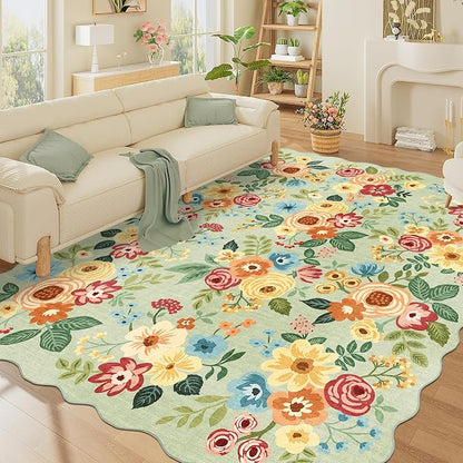 DUKINO 8x10 Area Rug, Floral Washable Rugs for Living Room with Non Slip Backing & Non-Shedding, Lightwight Low Pile Boho Design Large Carpets for Bedroom, Living Room, Dining Room, Green