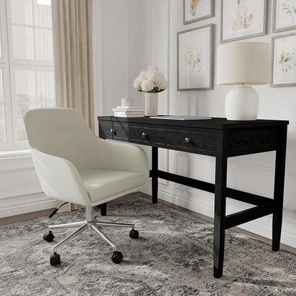 Martha Stewart Rayna Swivel Task Chair with Flared Arms for Home Office in Light Gray Fabric with Polished Nickel Frame