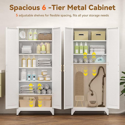 Polup 75" Kitchen Pantry Cabinet, White Metal Storage Cabinet with Doors and 5 Adjustable Shelves, Tall Metal Pantry Cabinets, Large Cupboard for Kitchen, Dining Living Room, Bathroom, Office