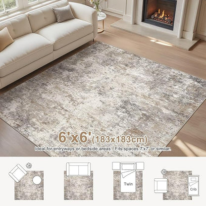 UERMEI Square Area Rugs : Washable 6x6 Neutral Modern Abstract Carpet for Living Room Bedroom - Soft Floor Mat with Non Slip Backing for Kitchen Nursery Dorms Farmhouse Home Decor - Brown Grey