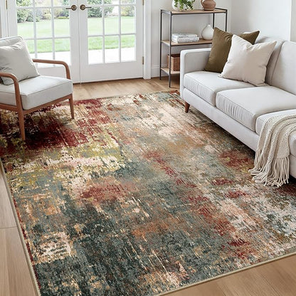 RELEANY Washable Area Rugs Square 7ft Non-Slip Modern Abstract Soft for Living Room Entryway Bedroom Kitchen, Print Pattern, Brown Rust Red Green Blue Multi