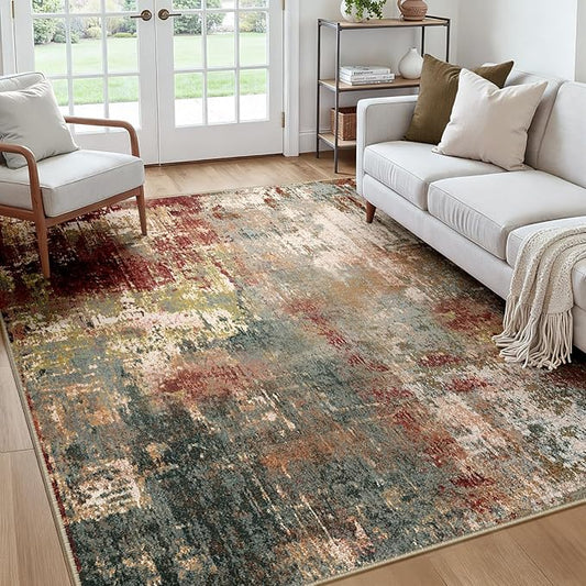 RELEANY Washable Area Rugs Square 7ft Non-Slip Modern Abstract Soft for Living Room Entryway Bedroom Kitchen, Print Pattern, Brown Rust Red Green Blue Multi