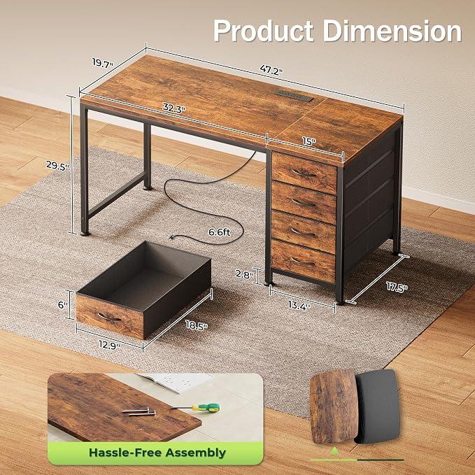 PRAISUN 47.2 Inch Computer Office Desk with Power Outelts and USB-C Port, Reversible Gaming Desk with 4 Fabric Drawers, Work Study Desk Work from Home, Rustic Brown