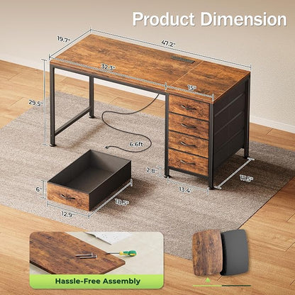 PRAISUN 47.2 Inch Computer Office Desk with Power Outelts and USB-C Port, Reversible Gaming Desk with 4 Fabric Drawers, Work Study Desk Work from Home, Rustic Brown