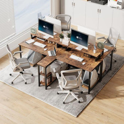Mexin 2 Person Desk-83.7 Inch Double Computer Desk with Monitor Stand and Power Outlets, Office Desk with Storage Shelves, Long Desk for Home Office, Rustic Brown