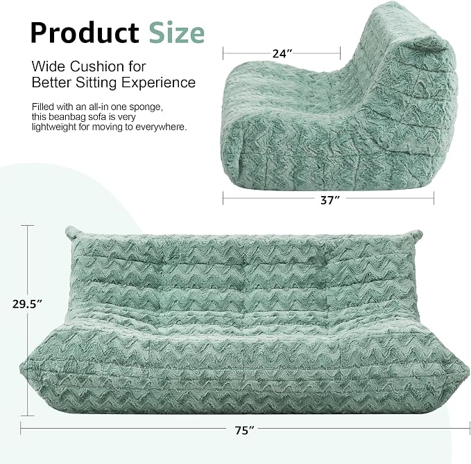 Hobestluk Giant Bean Bag Chair Faux Fur BeanBag Couch for Living Room | Green Chevron, 3-Seater,Ergonomic Design,Memory Foam,Anti-slip Bottom,No Assembly Required,Decorative Style for Living Room