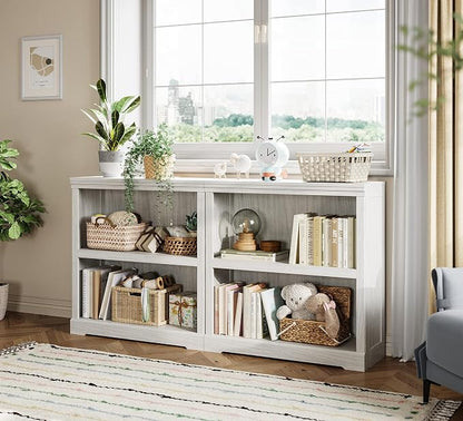 LINSY HOME 2-Tier Bookcase and Bookshelf, Small Wood Display Storage Shelves Farmhouse Bookshelf for Home Office, Living Room, Bed Room - White Oak