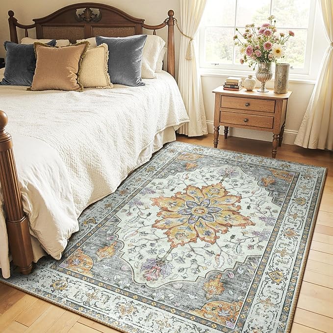 RELEANY Area Rugs 4'x6' Washable Non-Slip, Floral Vintage Distress Medallion Carpet for Living Room Bedroom Dining Room, Beige Carbon Grey Orange