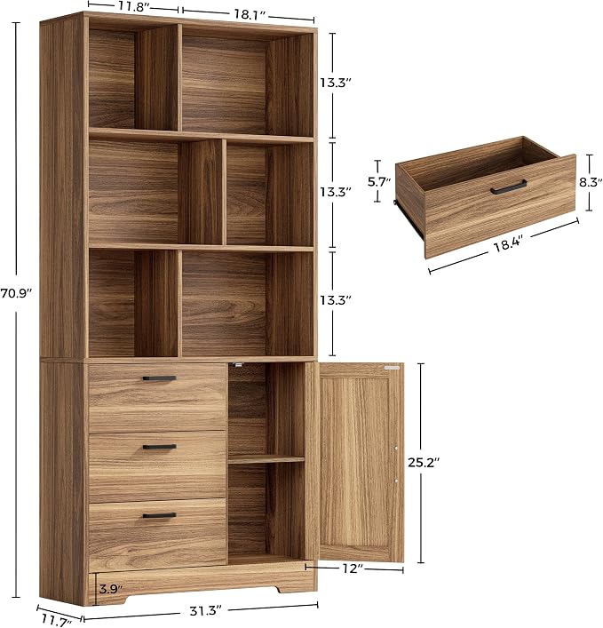 IRONCK Bookshelf, 70.9 Inch Tall Bookcase, Book Shelf with Doors and 3 Drawers, 3-Tier Bookshelves with 6 Open Cubes for Home Office, Living Room, Study