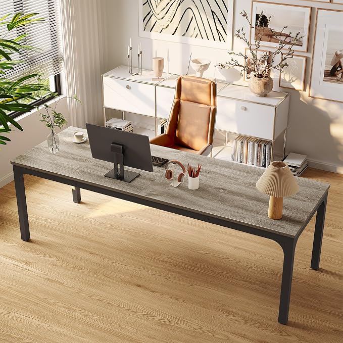 LITTLE TREE 78.7-Inch Ultra Long Double Desk, Writing Gaming Work Computer Two-Person Desk for Home Office, Grey + Black
