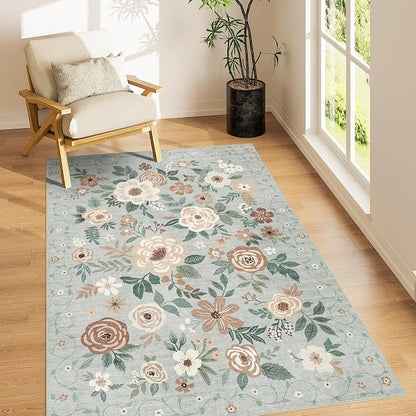 DUKINO 4x6 Feet Office Chair Mat, Lightweight Non Slip Washable Floral Area Rug, Indoor Low Pile & Non-Shedding Boho Design Rugs for Bedroom, Living Room, Dining Room, Sage Green