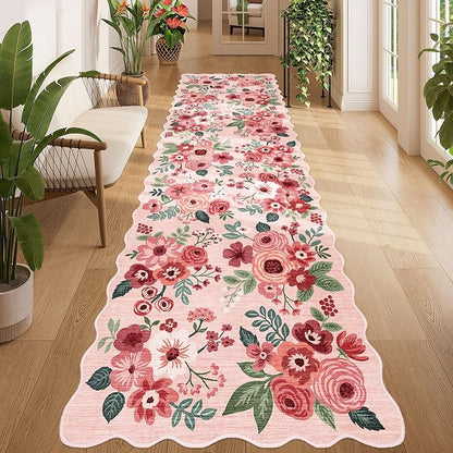 DUKINO 3x10 Washable Runner Rug, Non Slip Floral Ultra Soft Runner for Hallway, Lightweight Low Pile & Stain Resistant Long Throw Carpet for Kitchen, Bathroom, Entrance, Bedroom, Kids Room, Pink