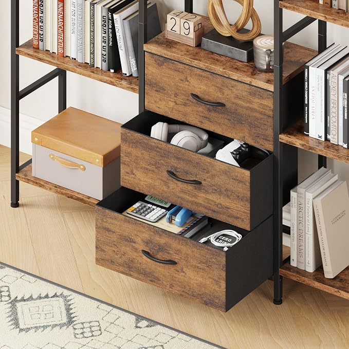 AFLUI Triple Bookshelf with 3 Fabric Drawers, 5-Tier Book Shelf and 10 Display Shelves, Industrial Large Bookcase for Home & Office, Rustic Brown, 47'' Wide