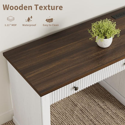 Garvee Fluted Home Office Desk with File Drawer, 54" Modern Executive Desk with Charging Station, Wooden Computer Writing Desk for Home Office, Study Room, White