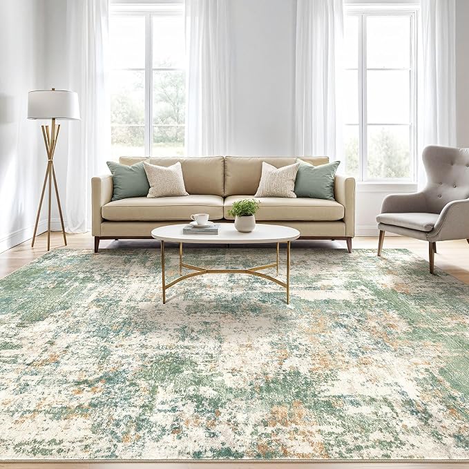 7x10 Area Rug Living Room: Washable Large Abstract Soft Green Rugs Stain Resistant Indoor Floor Non-Slip Accent Carpet for Men Modern Home Enthusiasts Aged 25-45 - Bedroom Office Playroom