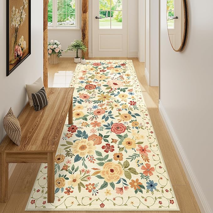 DUKINO 3x8 Washable Runner Rug, Non Slip Soft Floral Hallway Runner Rug with Non Shedding Design, Low Pile Loog Carpet for Kitchen, Hallway, Bathroom, Entryway, Laundry, Beige Yellow