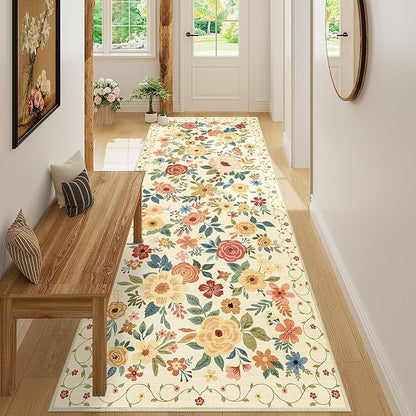 DUKINO 3x8 Washable Runner Rug, Non Slip Soft Floral Hallway Runner Rug with Non Shedding Design, Low Pile Loog Carpet for Kitchen, Hallway, Bathroom, Entryway, Laundry, Beige Yellow