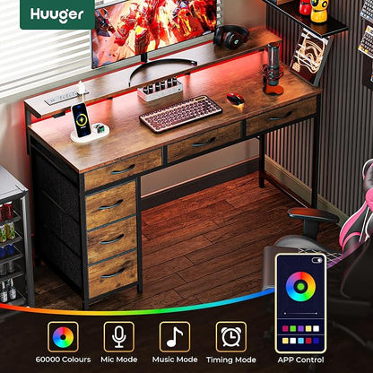 Huuger Gaming Desk with 6 Drawers, Computer Desk with LED Lights Power Outlets and Type-C, 47 Inch Office Desk with Storage, Monitor Stand, Writing Work Desk for Home Office, Rustic Brown,1CD101F