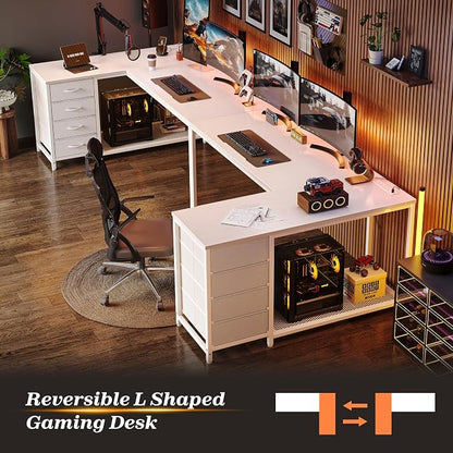 PRAISUN 53" L Shaped Desk with Power Outlets & USB-C Port, Reversible Computer Corner Office Desk with 4 Fabric Drawers and 2 Storage Shelves, Large Desk for Gaming Writing Work Study, White