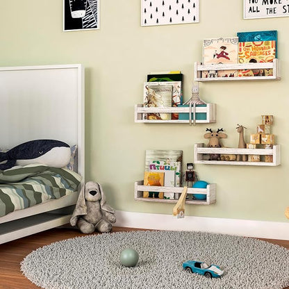 NATURE SUPPLIES Set of 4 Whitewashed Nursery Room Shelves 16.4'', Solid Wood Ideal for Books Toys and Decor, Wall Bookshelf Kids Bedroom, Bookshelf, Nursery Book Shelves, Floating Grey