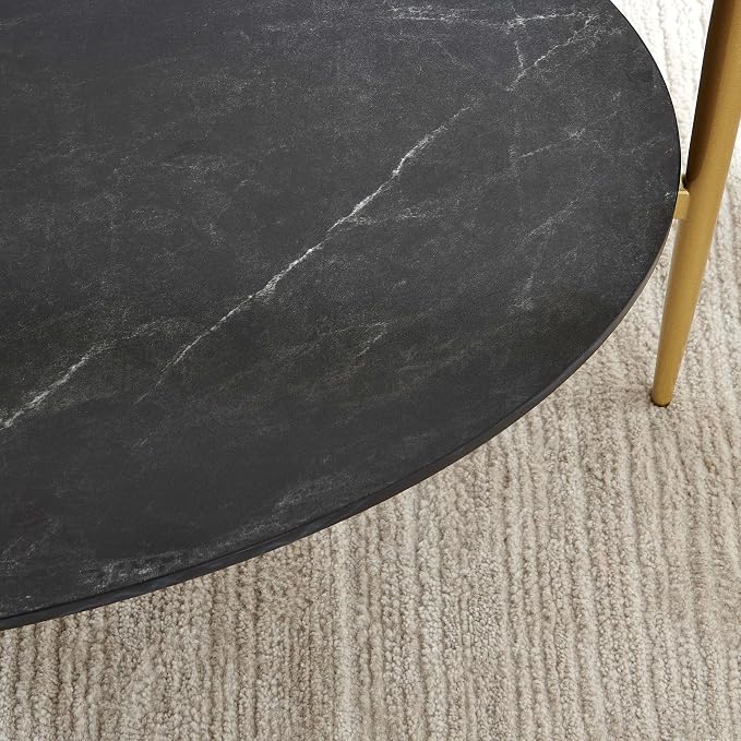 LumFurn Oval Glass Coffee Table, Mid-Century Modern Design, L43 x W22 x H17 inch, Surfboard Shaped Grey Glass Top and Black Marble Finish Wood Shelf, Tapered Legs with Gold Finish Frame