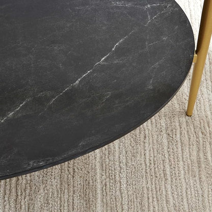 LumFurn Oval Glass Coffee Table, Mid-Century Modern Design, L43 x W22 x H17 inch, Surfboard Shaped Grey Glass Top and Black Marble Finish Wood Shelf, Tapered Legs with Gold Finish Frame