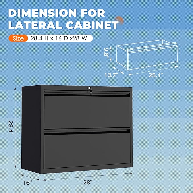 INTERGREAT File Cabinet 2 Drawers,Metal Lateral File Cabinets with Lock for Home Office, Locking Horizontal Filing Cabinet for Hanging Files Letter/Legal/F4/A4, Easy Assemble, Black