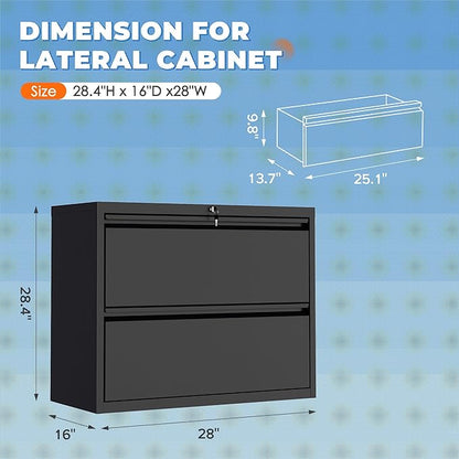 INTERGREAT File Cabinet 2 Drawers,Metal Lateral File Cabinets with Lock for Home Office, Locking Horizontal Filing Cabinet for Hanging Files Letter/Legal/F4/A4, Easy Assemble, Black