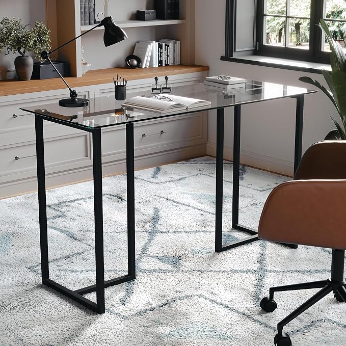 Martha Stewart Eli Home Office Desk with Glass Top and Steel Frame, Oil Rubbed Bronze