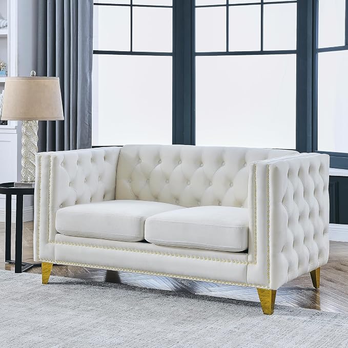 mikibama 58" Velvet Loveseat Sofa Couch for Living Room,Button Tufted 2 Seater Couches with Nailhead Trims,Modern Upholstered 2-seat Sofas with Golden Metal Legs for Bedrooom,Office