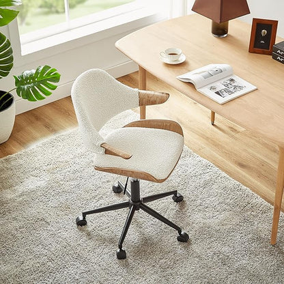 Art Leon Swivel Desk Chairs, Set of 2, Mid Century Modern Office Chairs with Wheels, Boucle Fabric Upholstered Armchairs, Adjustable Height Task Chairs with Metal Base, Washed Oak Bentwood, White