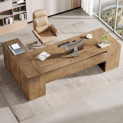 Tribesigns 85.8-Inch L-Shaped Executive Desk, Extra Large Modern Office Desk with File Drawers, Door Cabinet & Shelves, Commercial Office Table, Home Business Workstation, Natural Oak