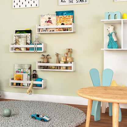 NATURE SUPPLIES Set of 4 Whitewashed Nursery Room Shelves 16.4'', Solid Wood Ideal for Books Toys and Decor, Wall Bookshelf Kids Bedroom, Bookshelf, Nursery Book Shelves, Floating Grey